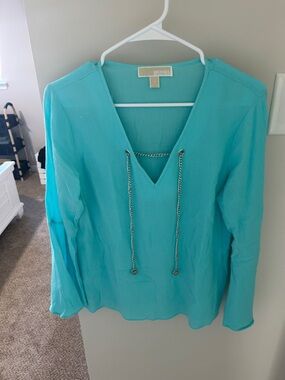 Michael Kors Turquoise V-Neck Long-Sleeve Top with Chain Detail